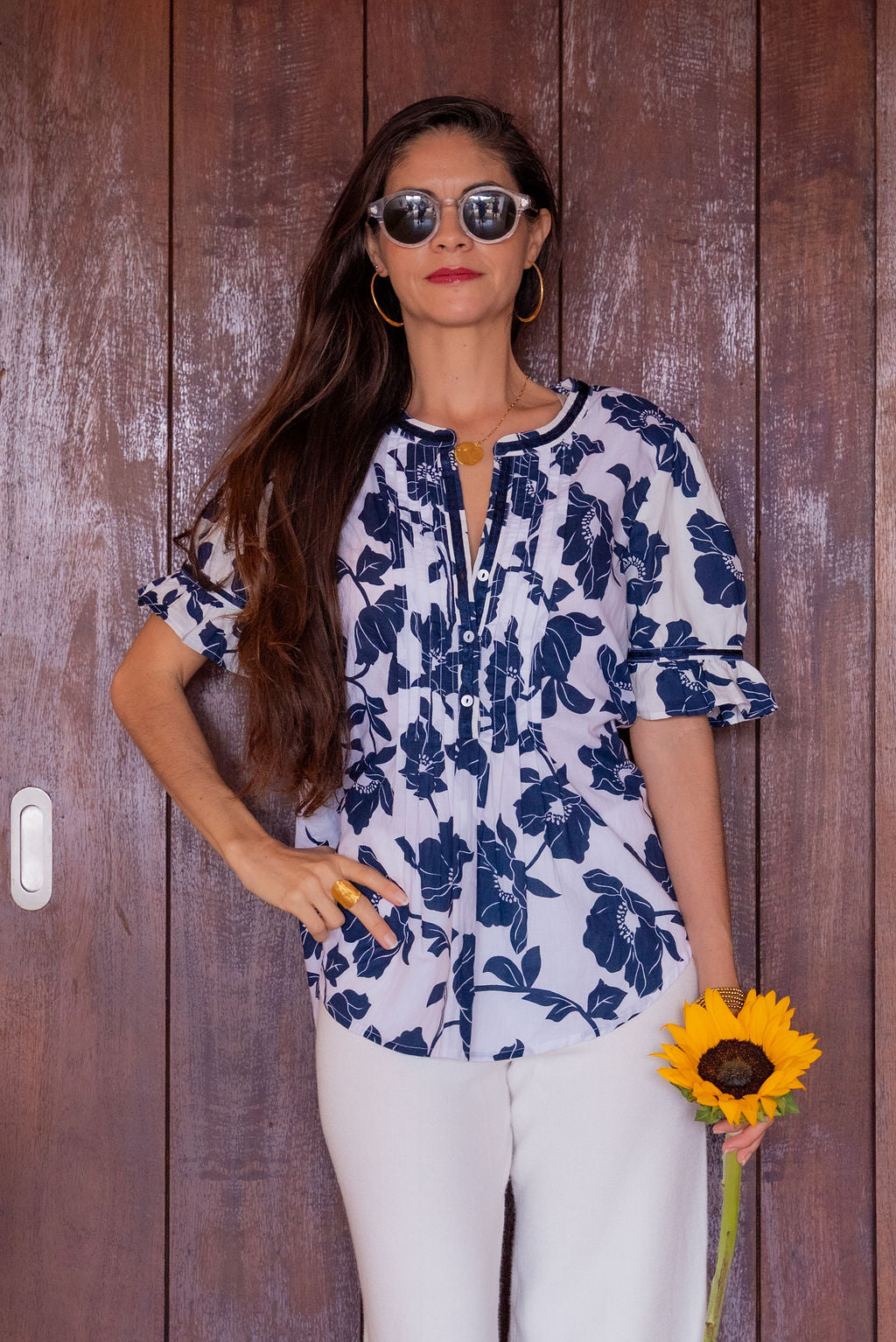 Bali Poppy Print Navy Blouse