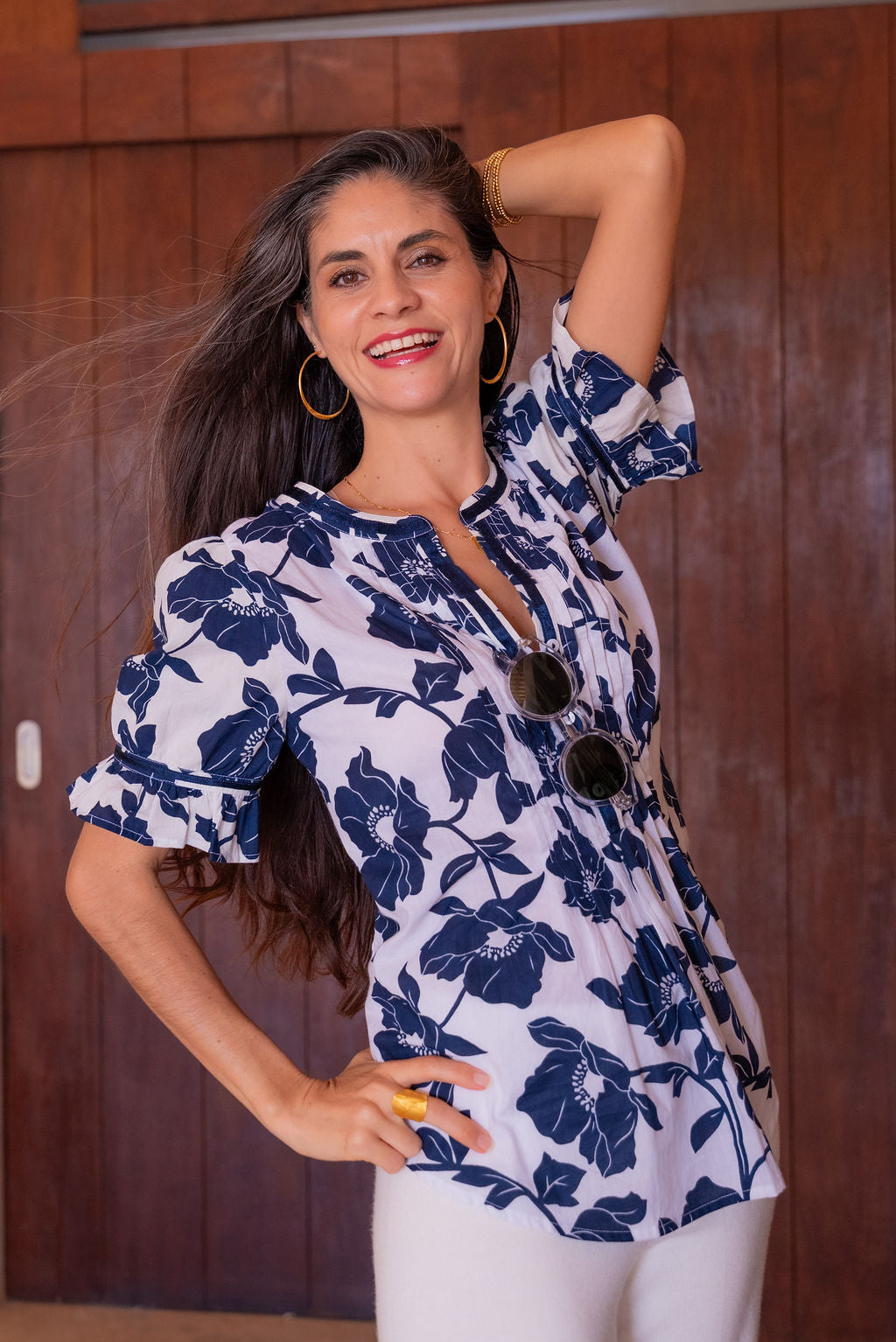 Bali Poppy Print Navy Blouse