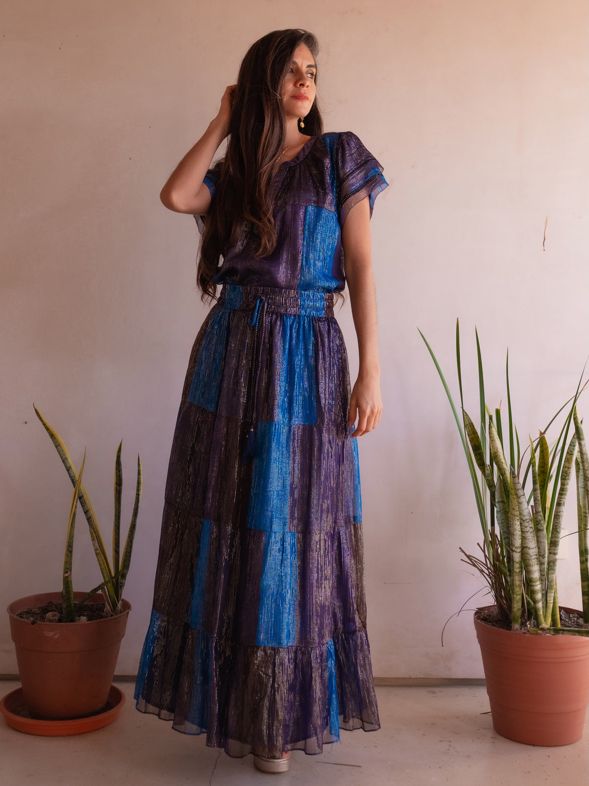 Sunset Chiffon with Lurex Stripe Skirt and Top Set