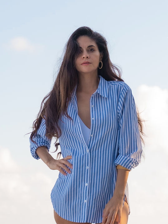 Blue Stripe with Lurex Girlfriend Button Down Shirt